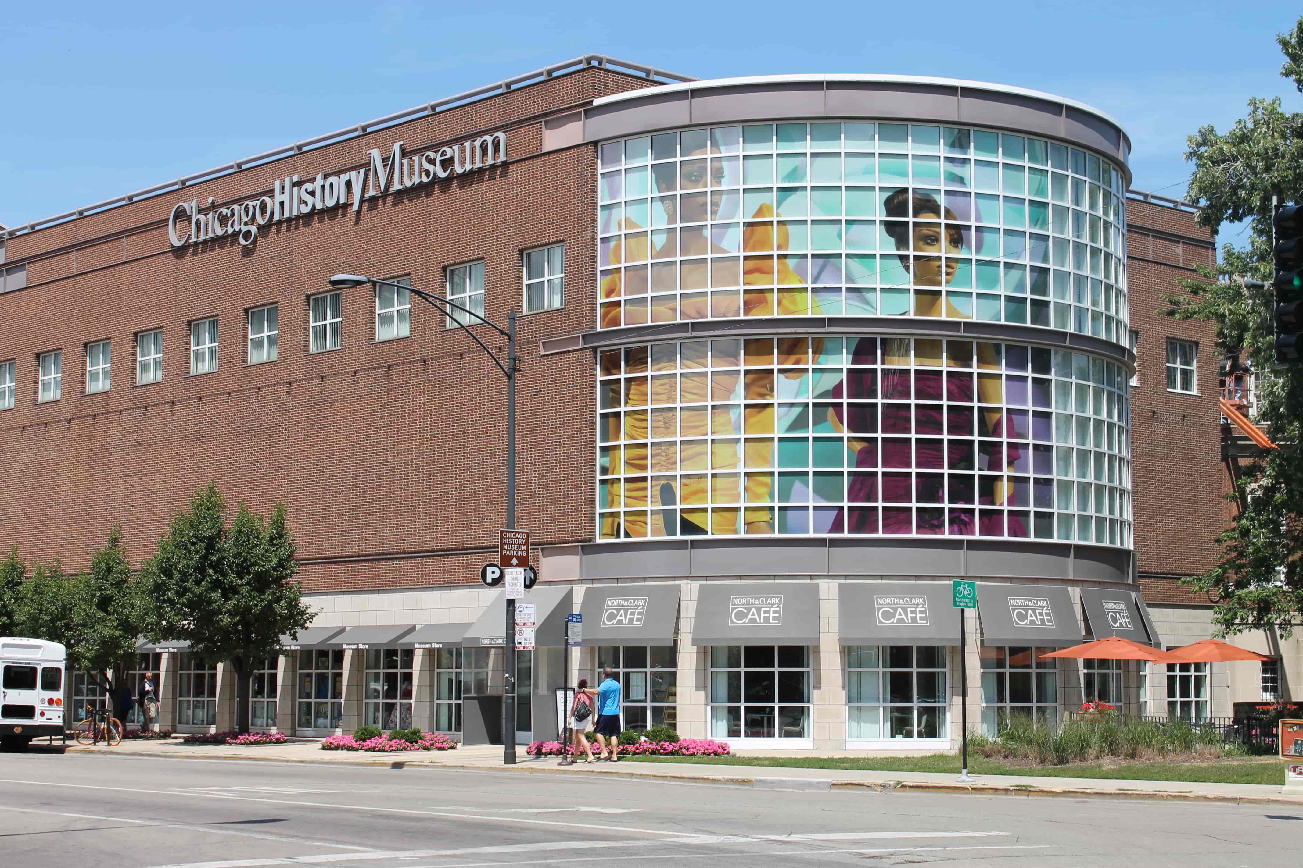 large architectural window design depicting two women at the Chicago History Museum